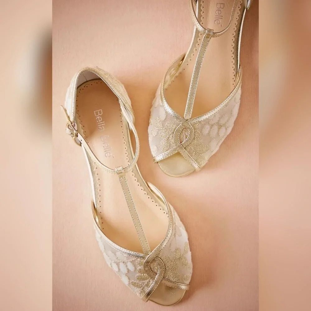 Anthropologie BHLDN Maisie Embroidered T-Strap Flats Size 8